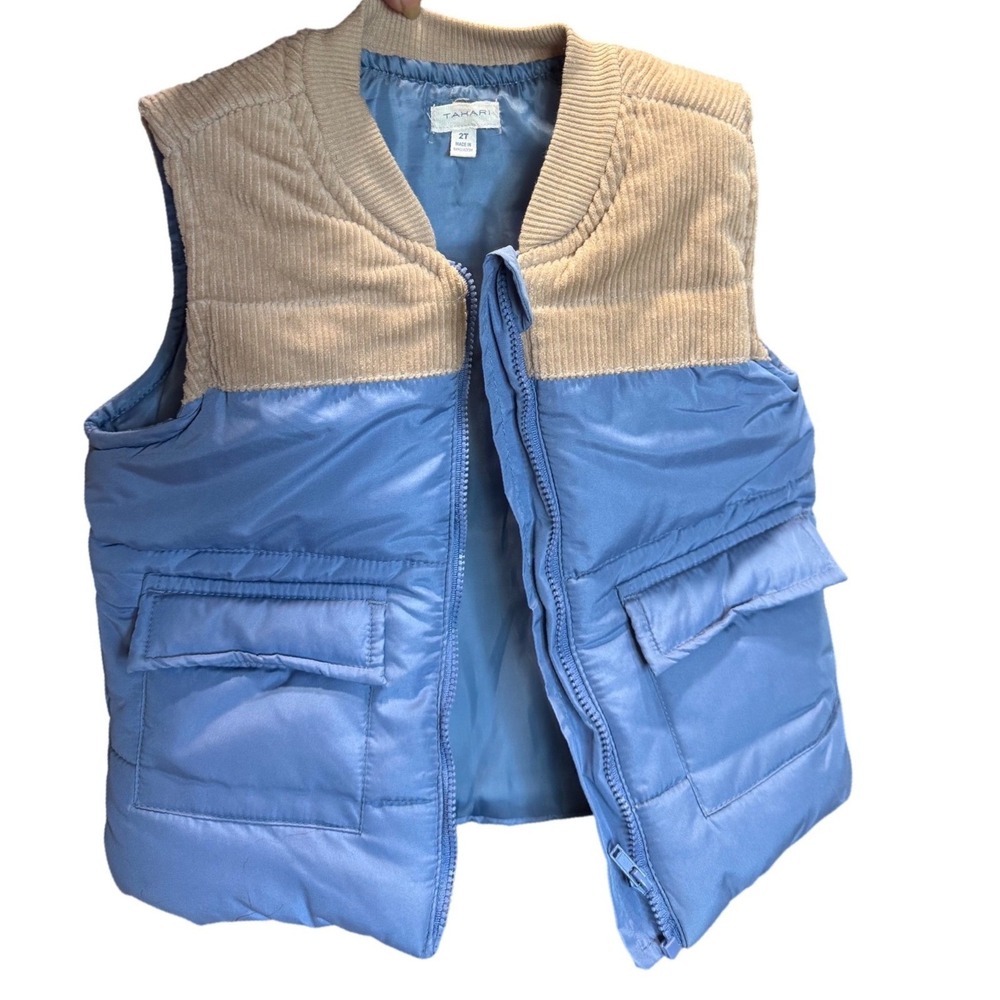 Tahari Puffer Vest Toddler Boys 2T Corduroy Yoke Blue Tan Preppy Outdoorsy